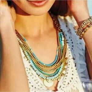 Stella & Dot Isa Gold Disc Turquoise Multi Strand Adjustable Necklace